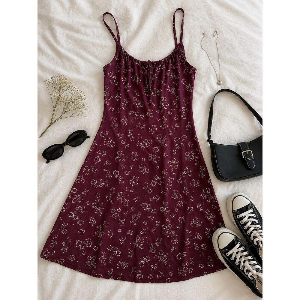 Rave City Vintage 90s Burgundy Butterfly Floral Milkmaid Mini Dress Small Fairy